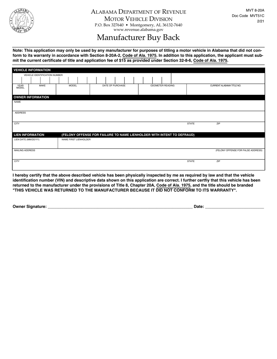 Form MVT8-20A Manufacturer Buy Back - Alabama, Page 1