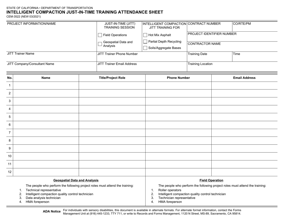 Form CEM-3522 Intelligent Compaction Just-In-time Training Attendance Sheet - California, Page 1