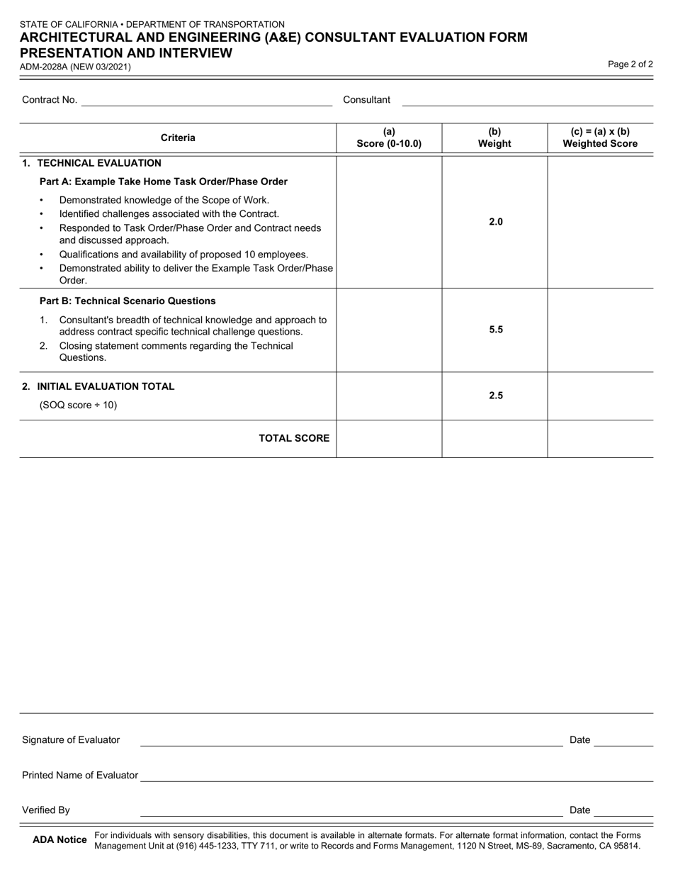 Form ADM-2028A Architectural and Engineering (Ae) Consultant Evaluation Form Presentation and Interview - California, Page 2