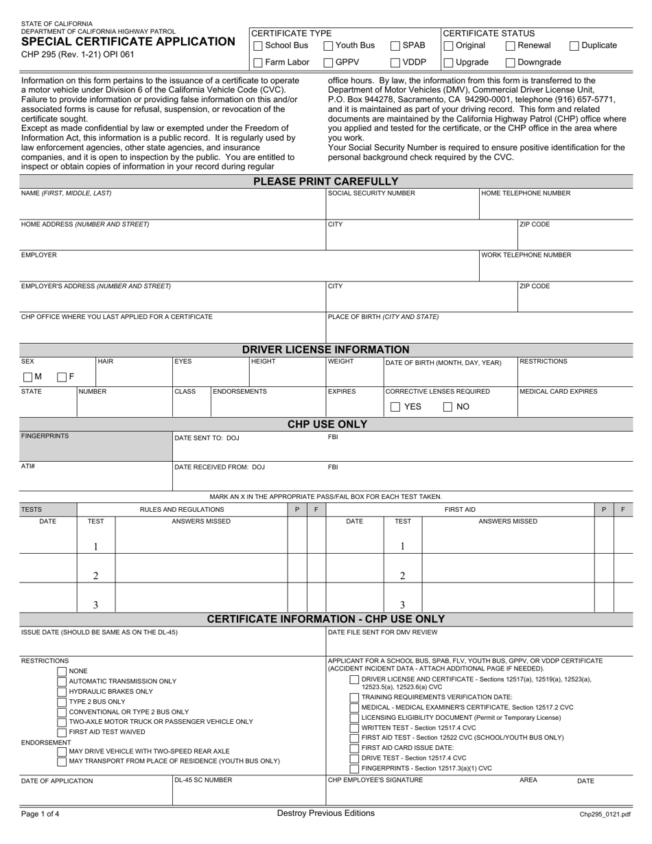 Form CHP295 Special Certificate Application - California, Page 1