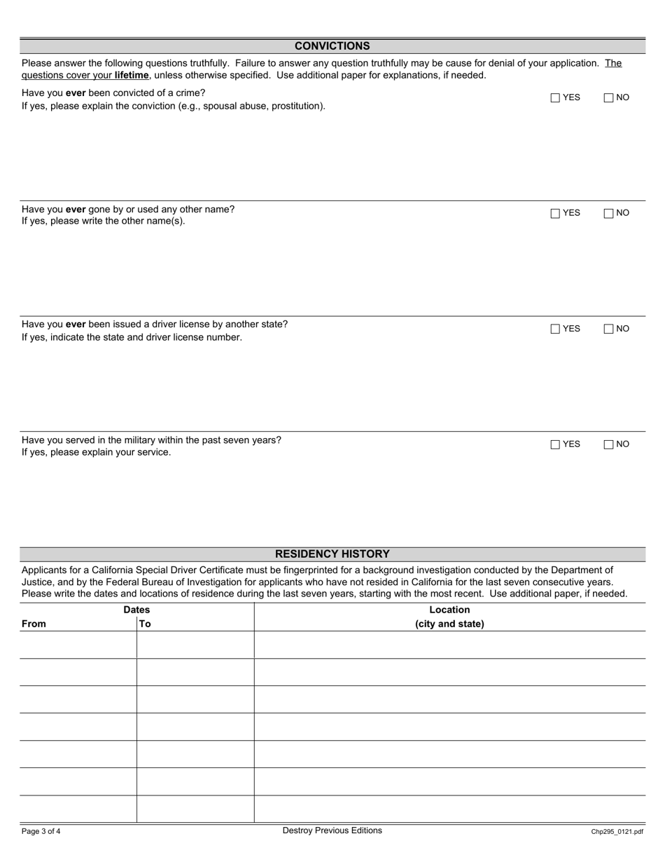 Form CHP295 Special Certificate Application - California, Page 3