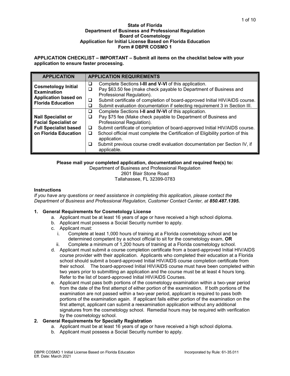 Form DBPR COSMO1 Application for Initial License Based on Florida Education - Florida, Page 1