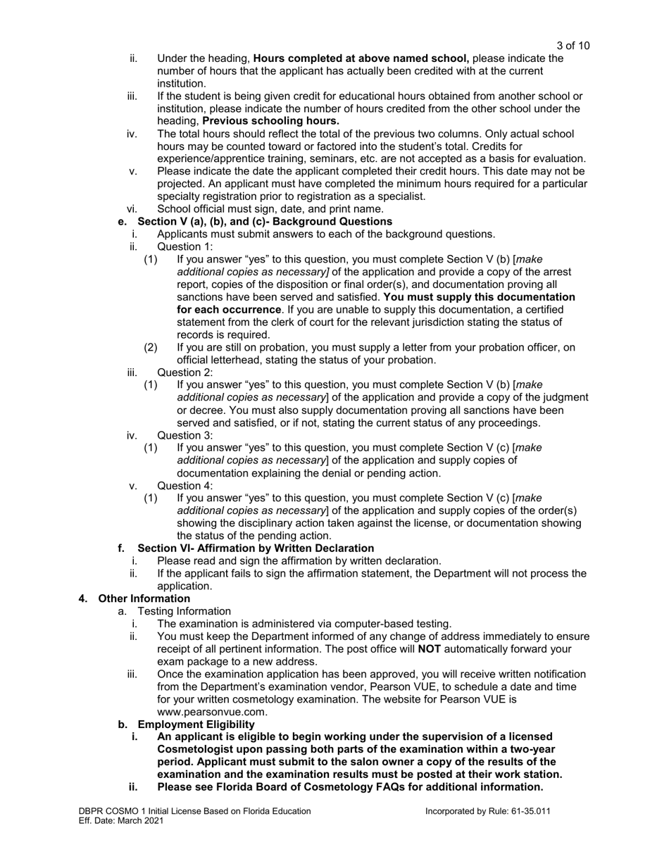 Form DBPR COSMO1 Application for Initial License Based on Florida Education - Florida, Page 3