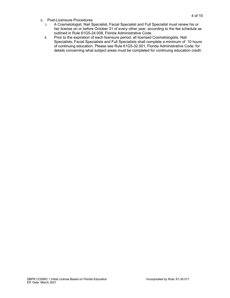 Form DBPR COSMO1 Application for Initial License Based on Florida Education - Florida, Page 4