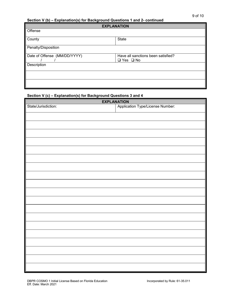 Form DBPR COSMO1 Application for Initial License Based on Florida Education - Florida, Page 9