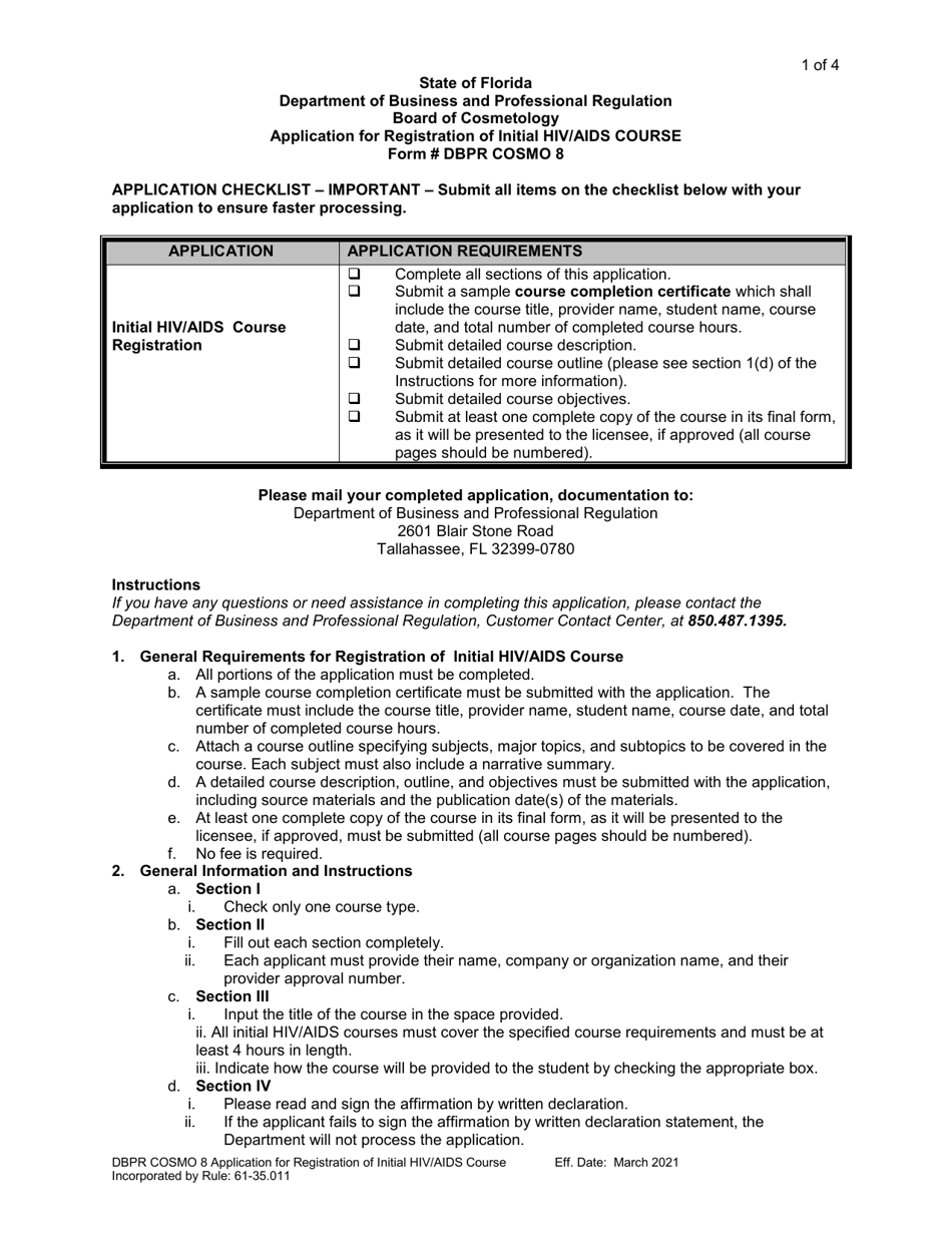 Form DBPR COSMO8 Application for Registration of Initial HIV / AIDS Course - Florida, Page 1