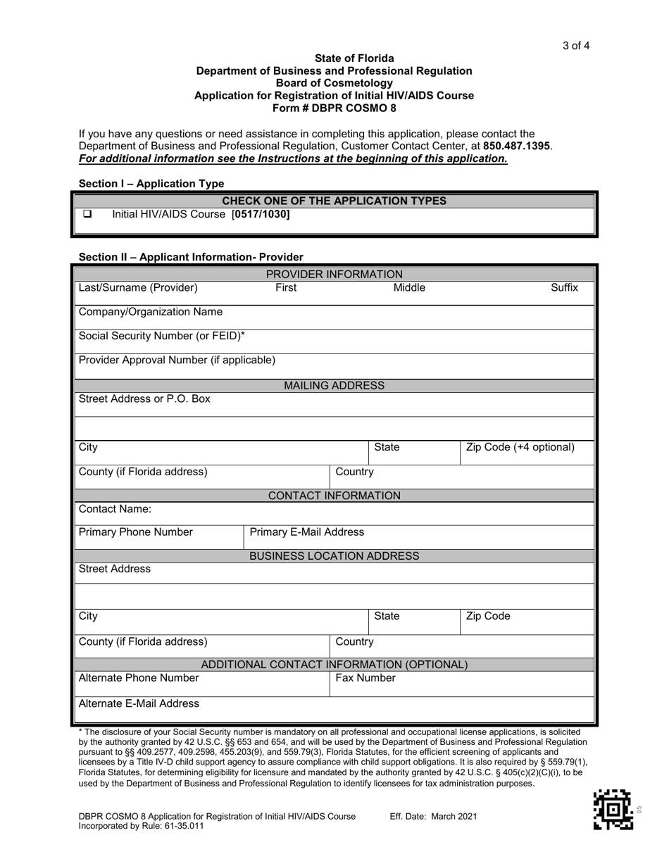 Form DBPR COSMO8 Download Printable PDF or Fill Online Application for