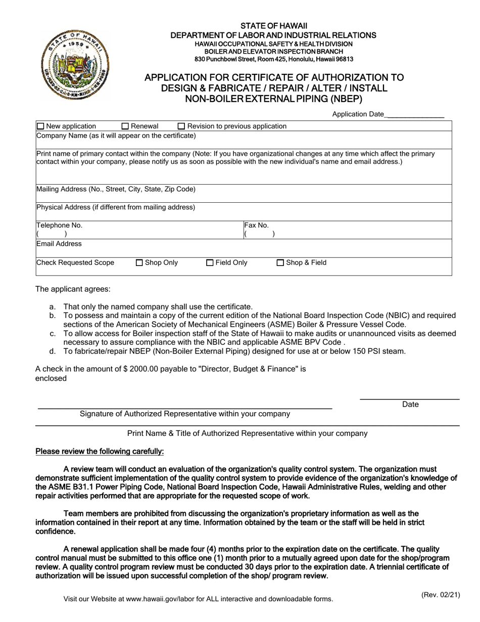 Application for Certificate of Authorization to Fabricate / Repair Non-boiler External Piping (Nbep) - Hawaii, Page 2