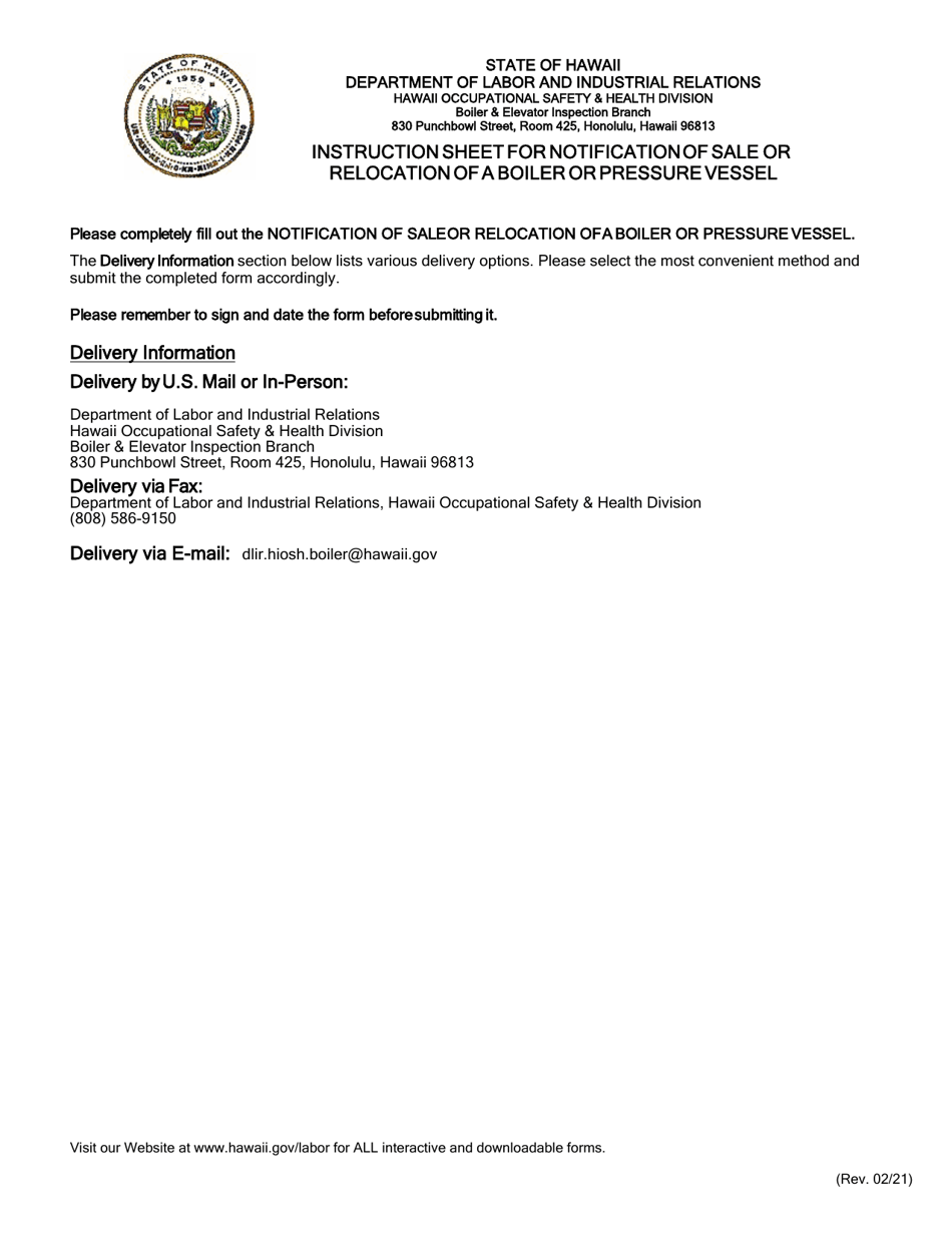 Notification of Sale or Relocation of a Boiler or Pressure Vessel - Hawaii, Page 1