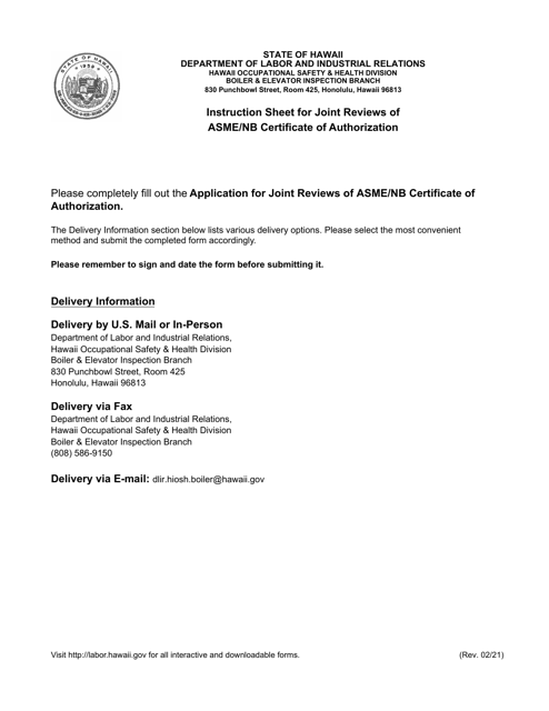 Application for Joint Reviews of Asme / Nb Certificate of Authorization - Hawaii Download Pdf