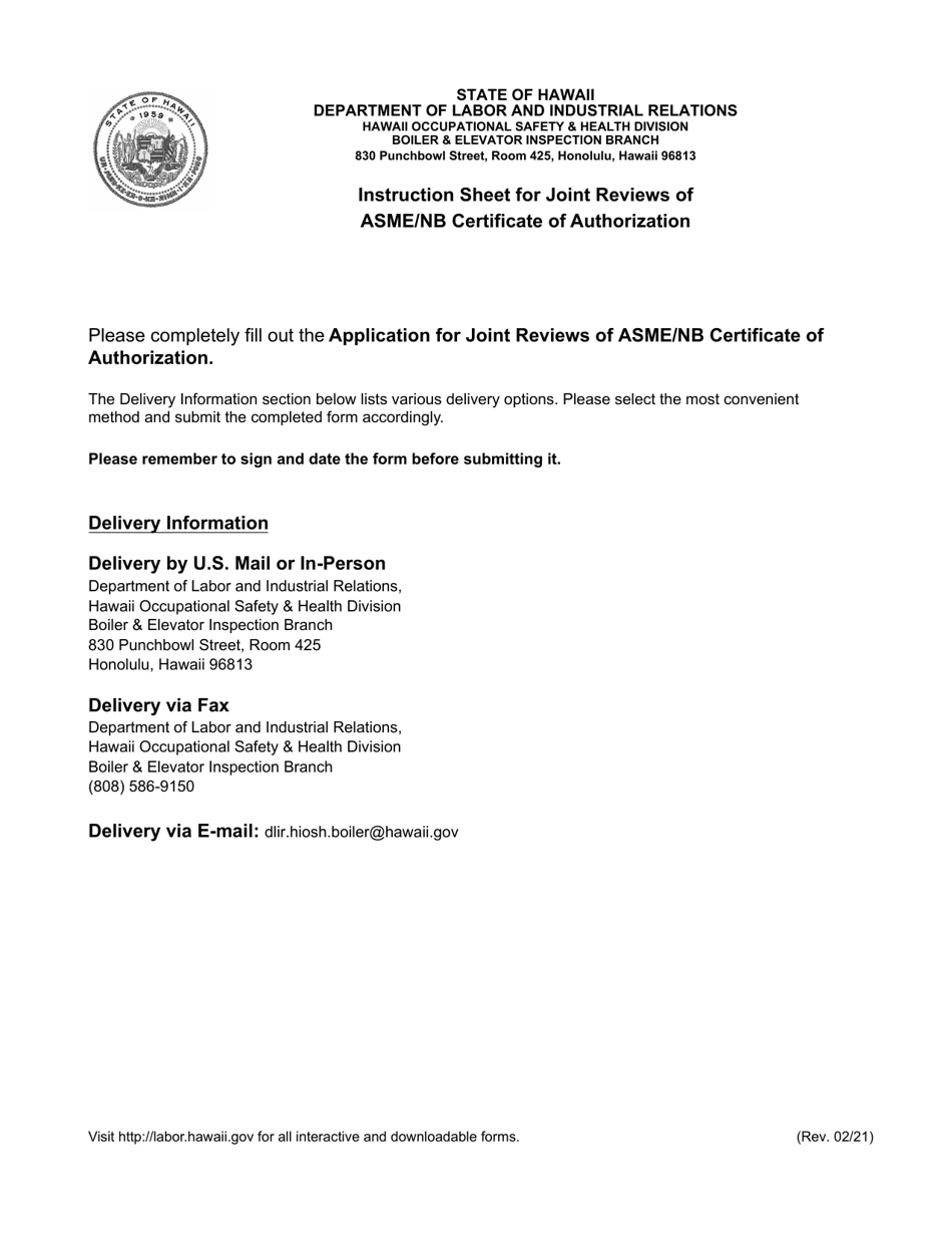 Application for Joint Reviews of Asme / Nb Certificate of Authorization - Hawaii, Page 1