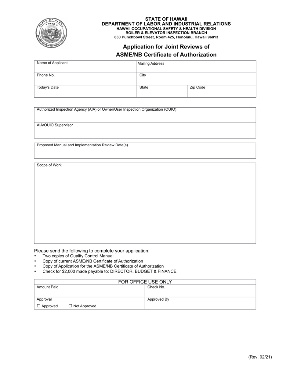 Application for Joint Reviews of Asme / Nb Certificate of Authorization - Hawaii, Page 2