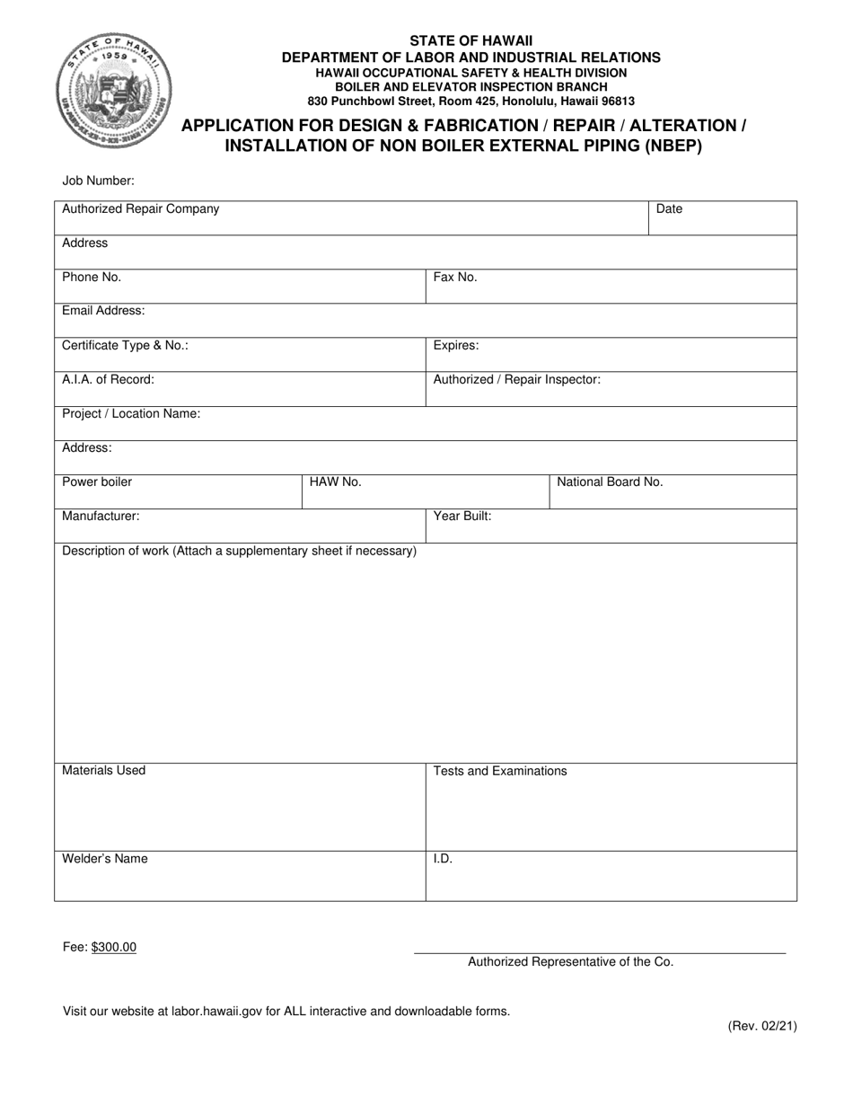 Application for Design  Fabrication / Repair / Alteration / Installation of Non Boiler External Piping (Nbep) - Hawaii, Page 2