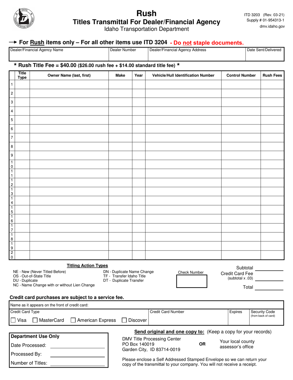 Form ITD3203 Rush - Titles Transmittal for Dealer / Financial Agency - Idaho, Page 1
