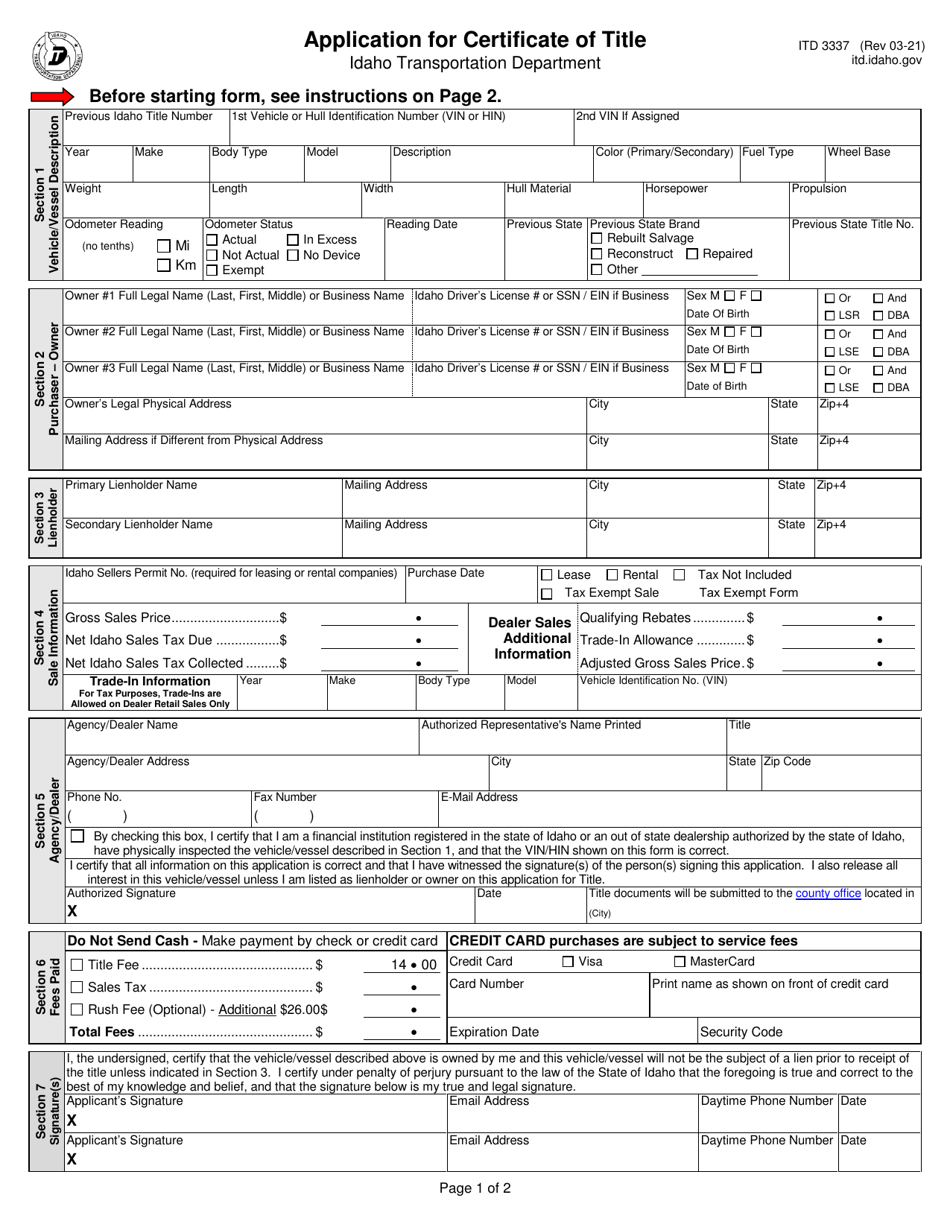 Form ITD3337 Application for Certificate of Title - Idaho, Page 1