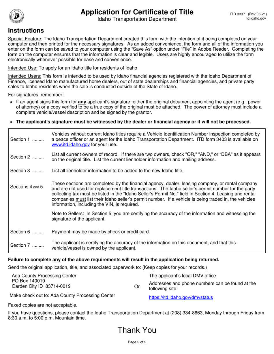 Form ITD3337 Application for Certificate of Title - Idaho, Page 2