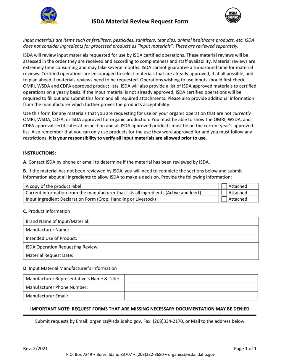 Isda Material Review Request Form - Idaho, Page 1