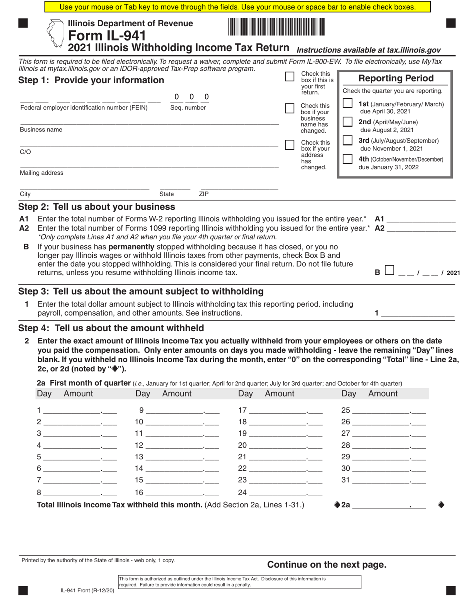 Form IL-941 Illinois Withholding Income Tax Return - Illinois, Page 1
