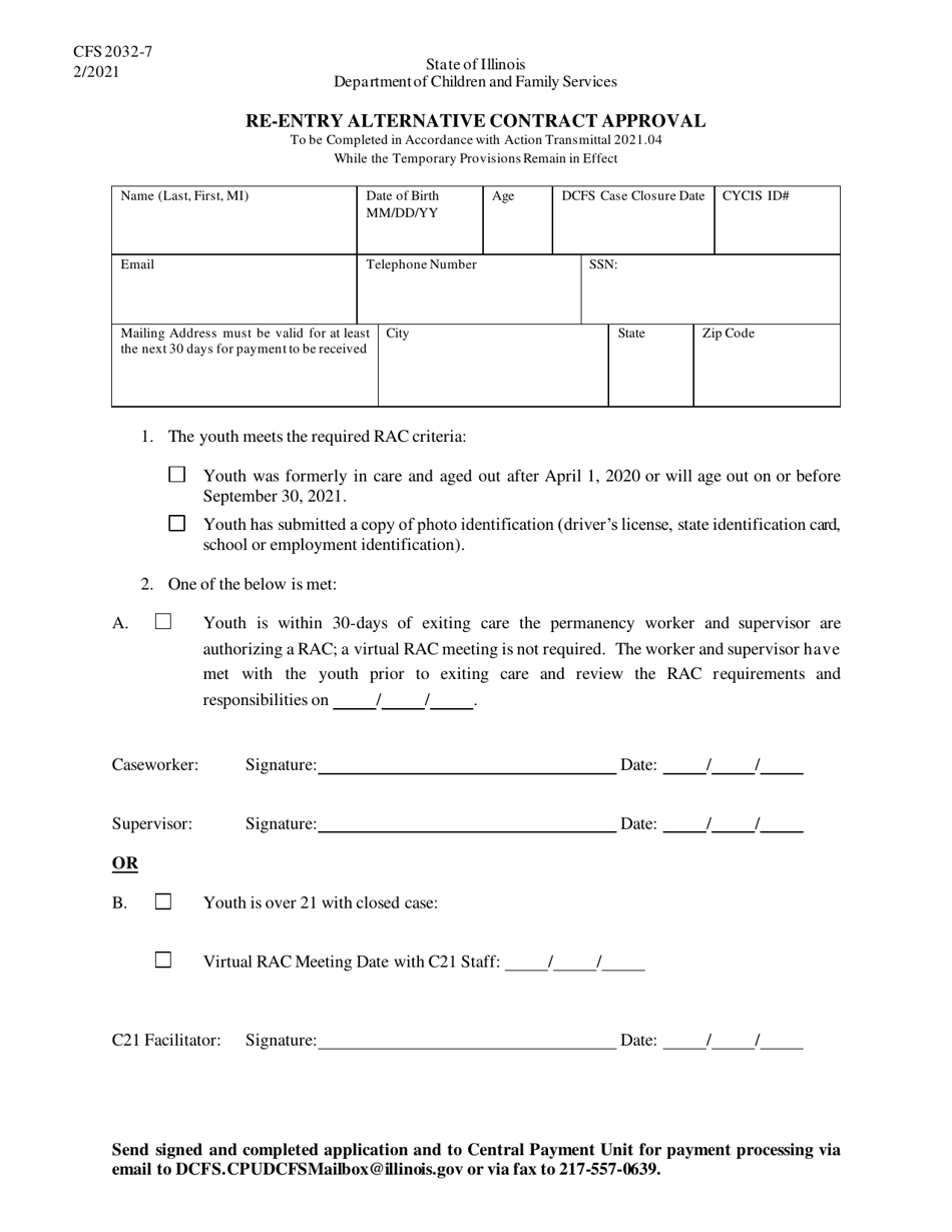 Form CFS2032-7 Re-entry Alternative Contract Approval - Illinois, Page 1