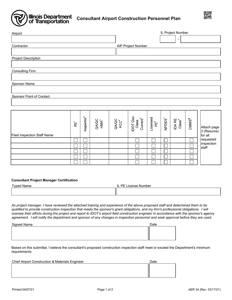 Form AER34 Consultant Airport Construction Personnel Plan - Illinois, Page 1
