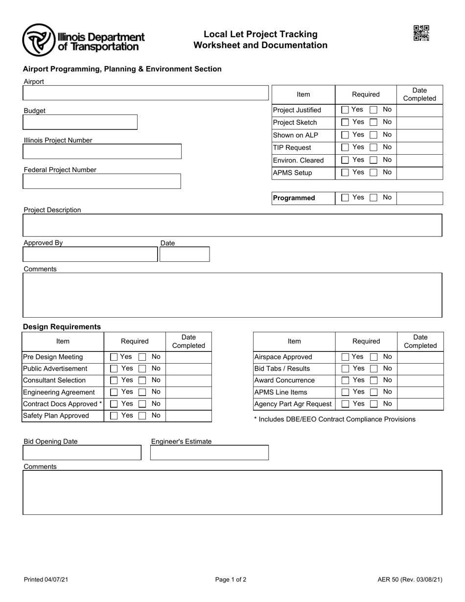Form AER50 Local Let Project Tracking Worksheet and Documentation - Illinois, Page 1