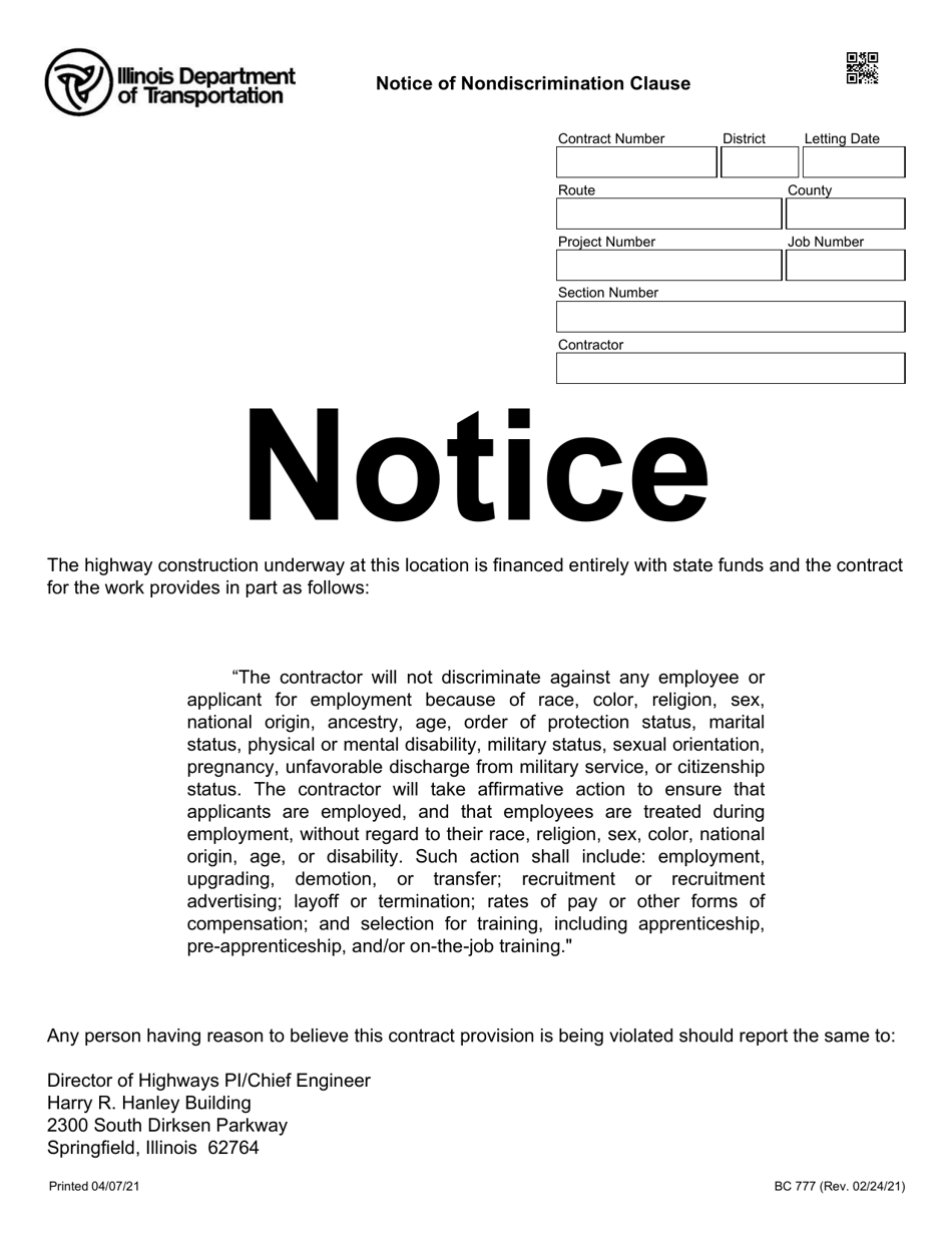 Form BC777 Notice of Nondiscrimination Clause - Illinois, Page 1