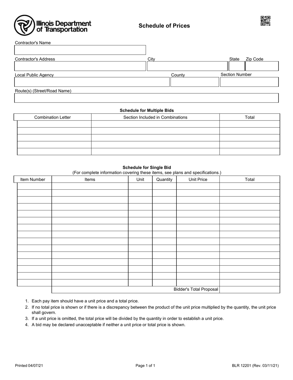 Form BLR12201 Schedule of Prices - Illinois, Page 1