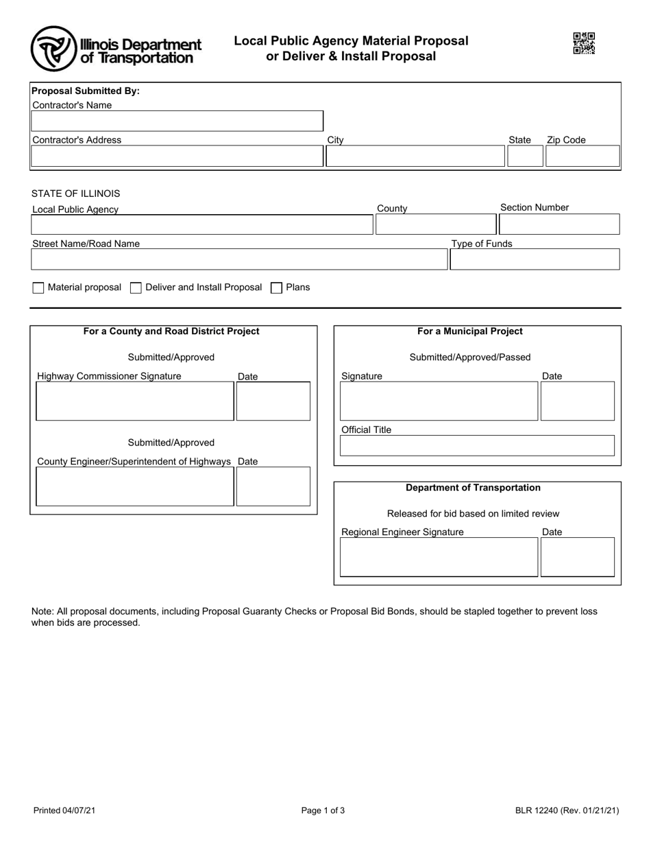Form BLR12240 Local Public Agency Material Proposal or Deliver  Install Proposal - Illinois, Page 1