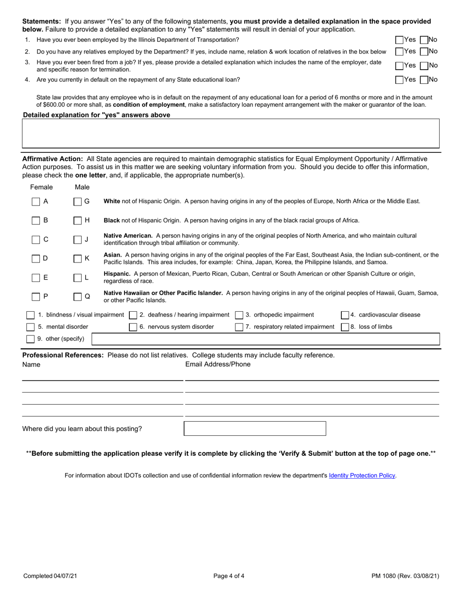 Form PM1080 Employment Application for Technical Positions - Illinois, Page 4