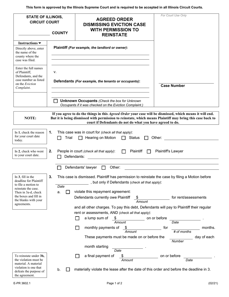 Form E-PR3602.1 Agreed Order Dismissing Eviction Case With Permission to Reinstate - Illinois, Page 1