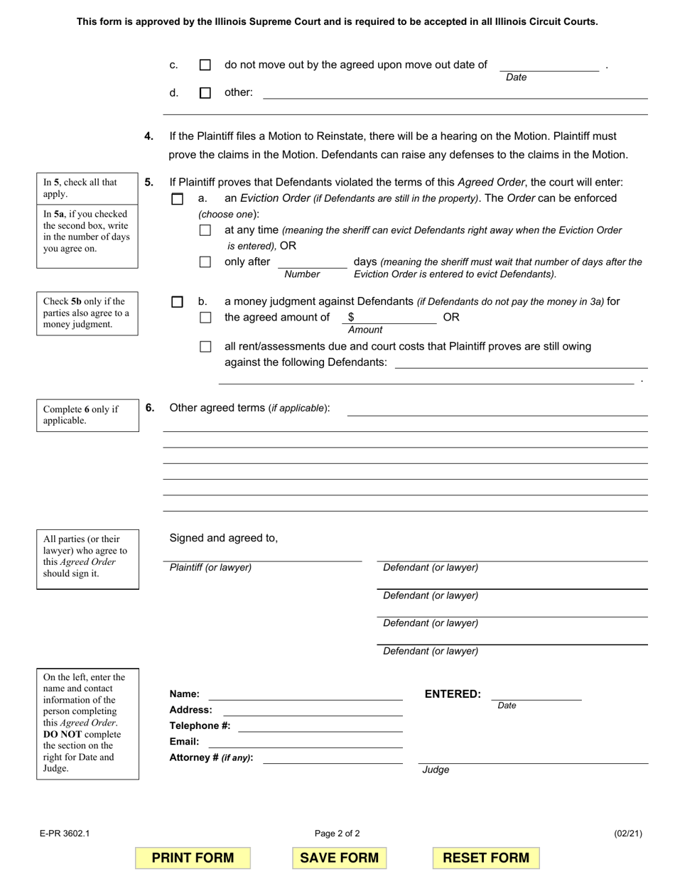 Form E-PR3602.1 Agreed Order Dismissing Eviction Case With Permission to Reinstate - Illinois, Page 2