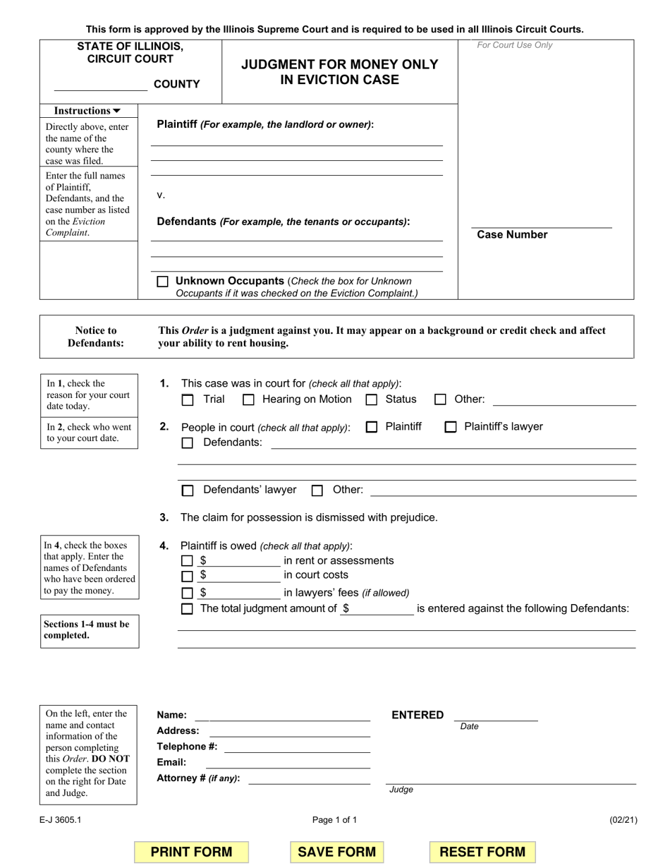 Form E-J3605.1 Judgment for Money Only in Eviction Case - Illinois, Page 1