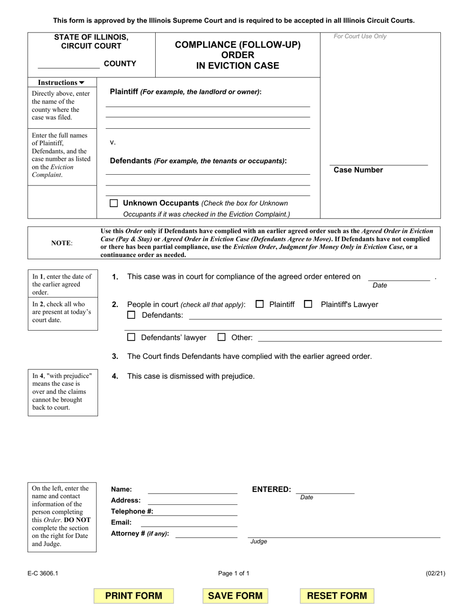 Form E-C3606.1 Compliance (Follow-Up) Order in Eviction Case - Illinois, Page 1