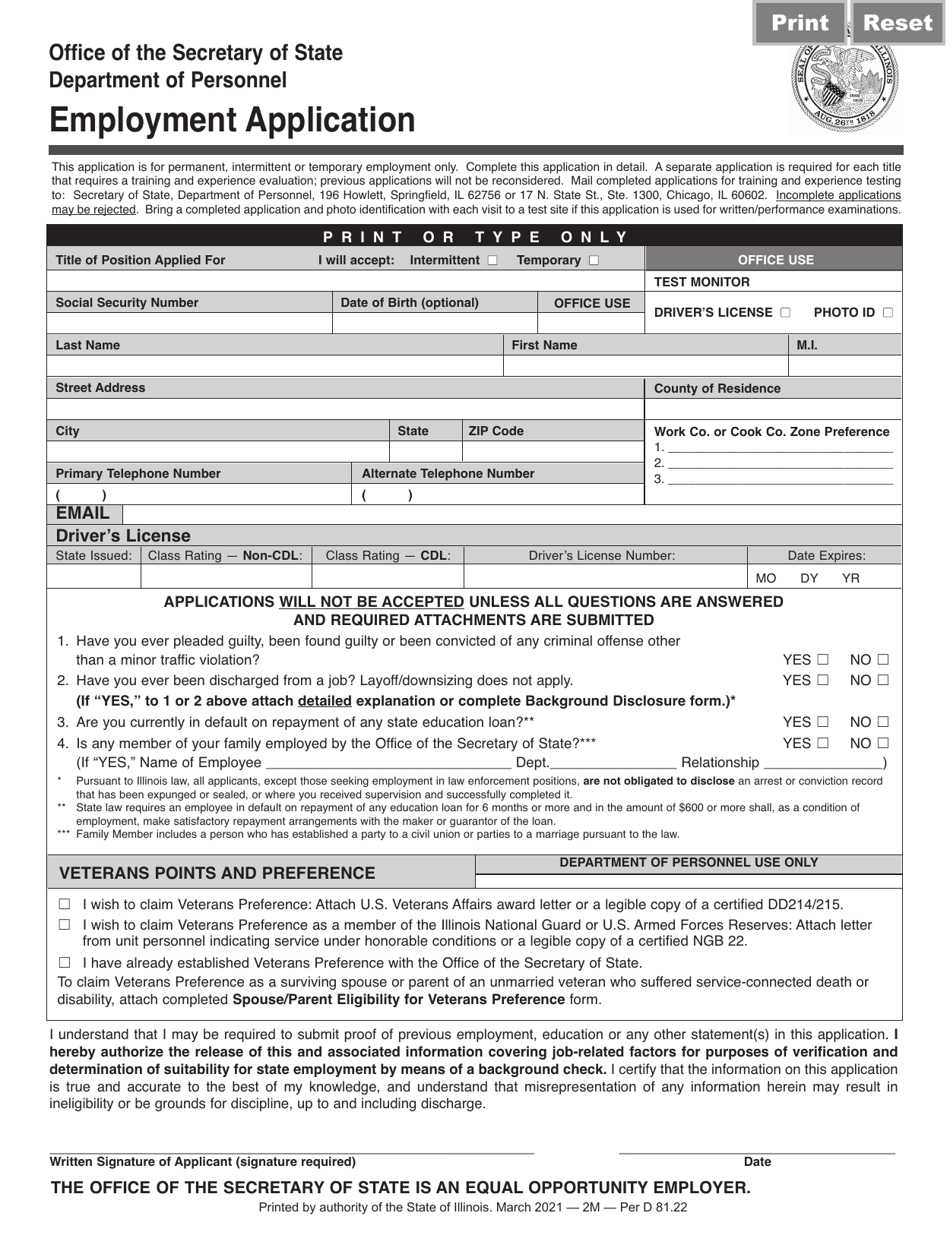 Form Per D81 Employment Application - Illinois, Page 1
