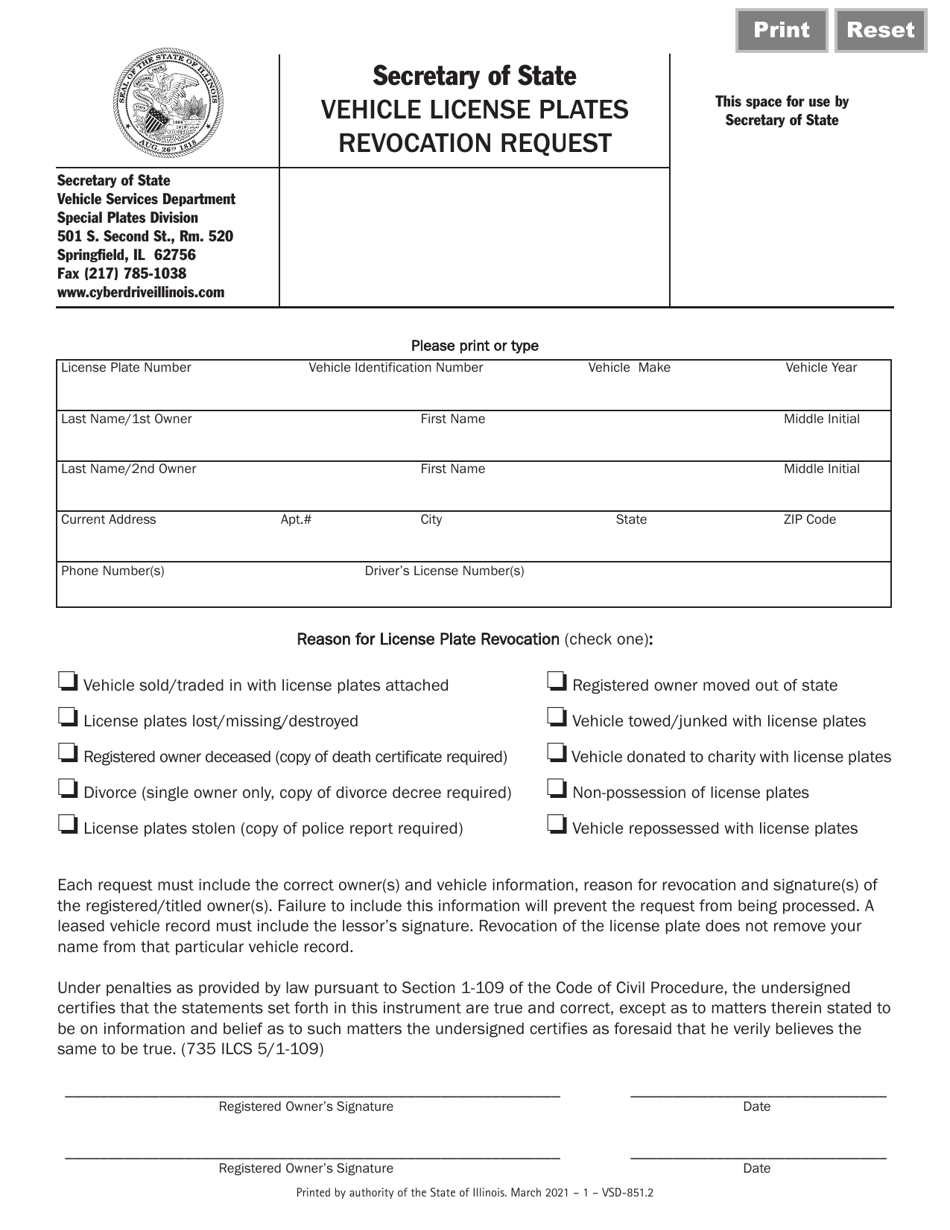 Form VSD851 - Fill Out, Sign Online and Download Fillable PDF, Illinois ...