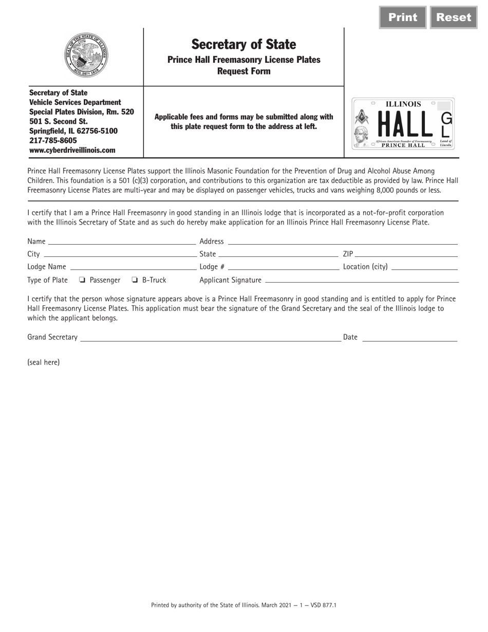 Form VSD877 Prince Hall Freemasonry License Plates Request Form - Illinois, Page 1