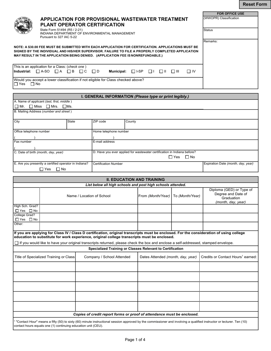 State Form 51494 Application for Provisional Wastewater Treatment Plant Operator Certification - Indiana, Page 1