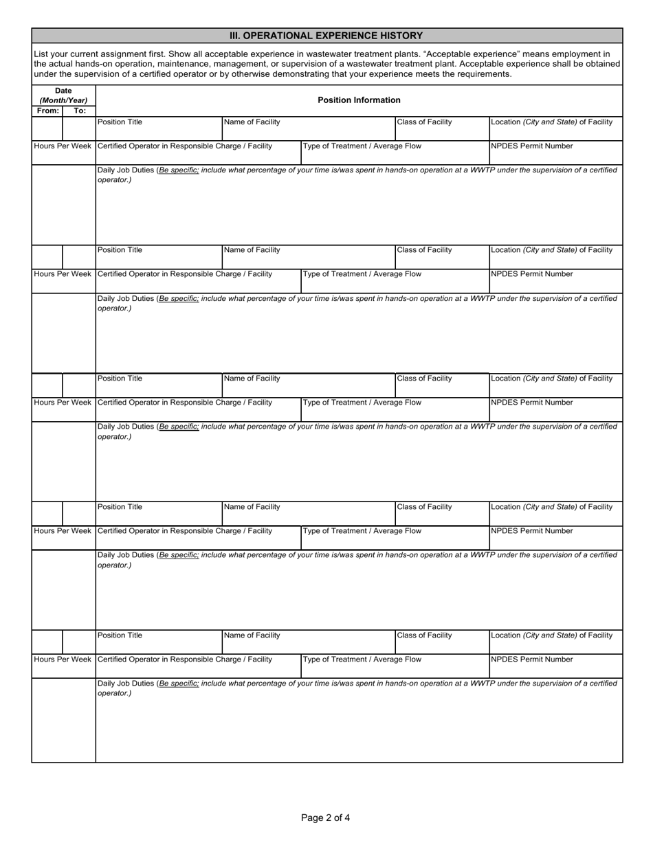 State Form 51494 Application for Provisional Wastewater Treatment Plant Operator Certification - Indiana, Page 2