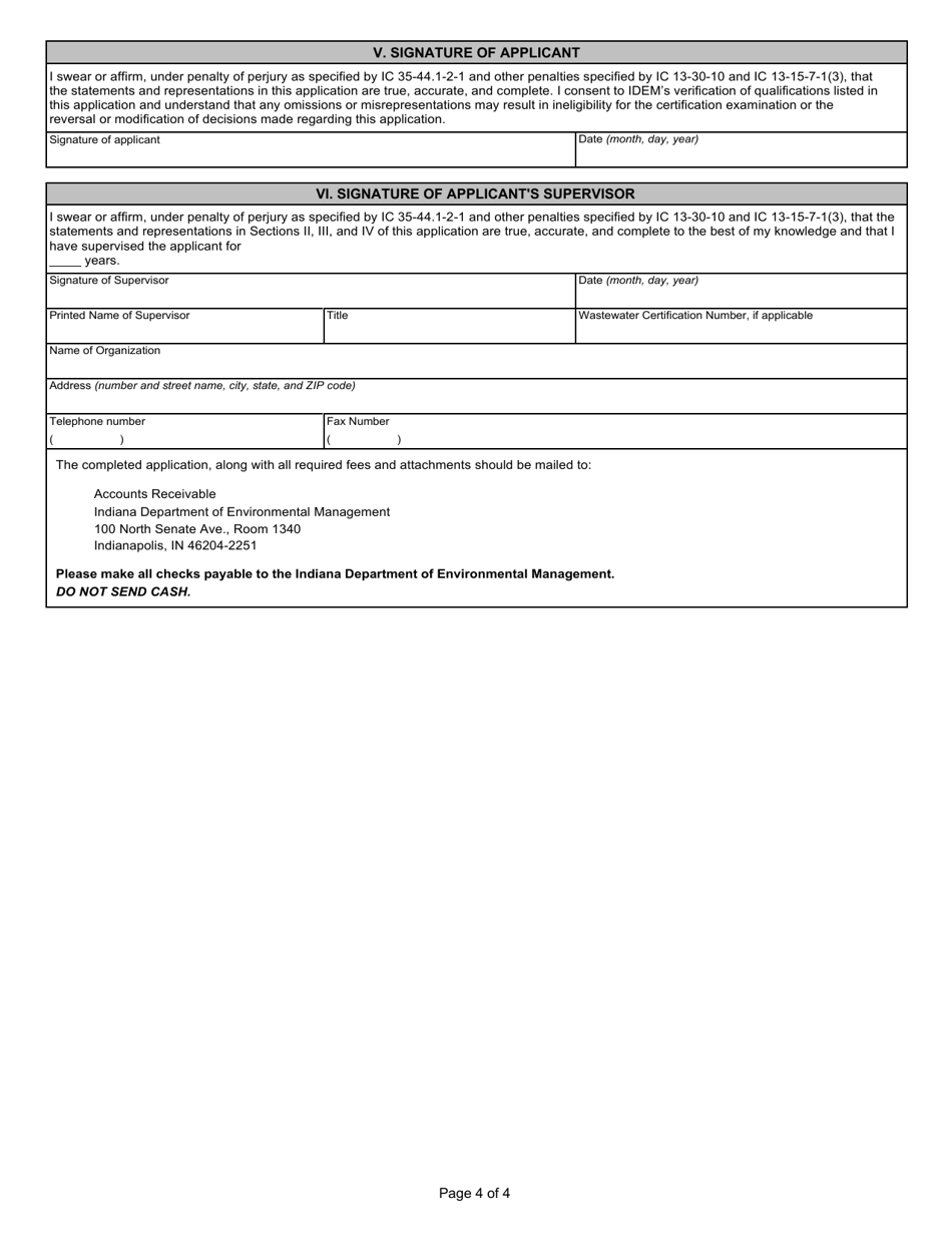 State Form 51494 Application for Provisional Wastewater Treatment Plant Operator Certification - Indiana, Page 4