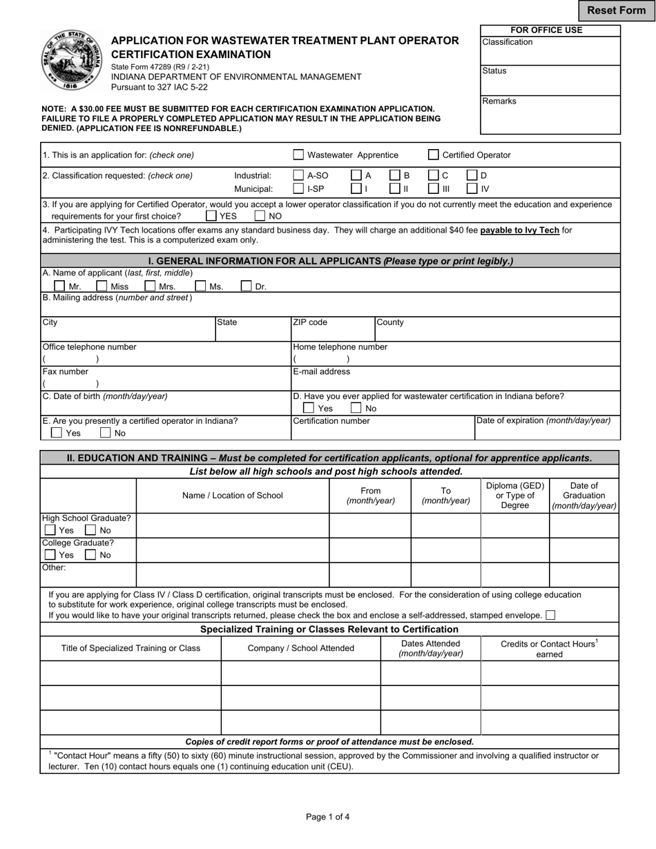State Form 47289 Application for Wastewater Treatment Plant Operator Certification Examination - Indiana, Page 1