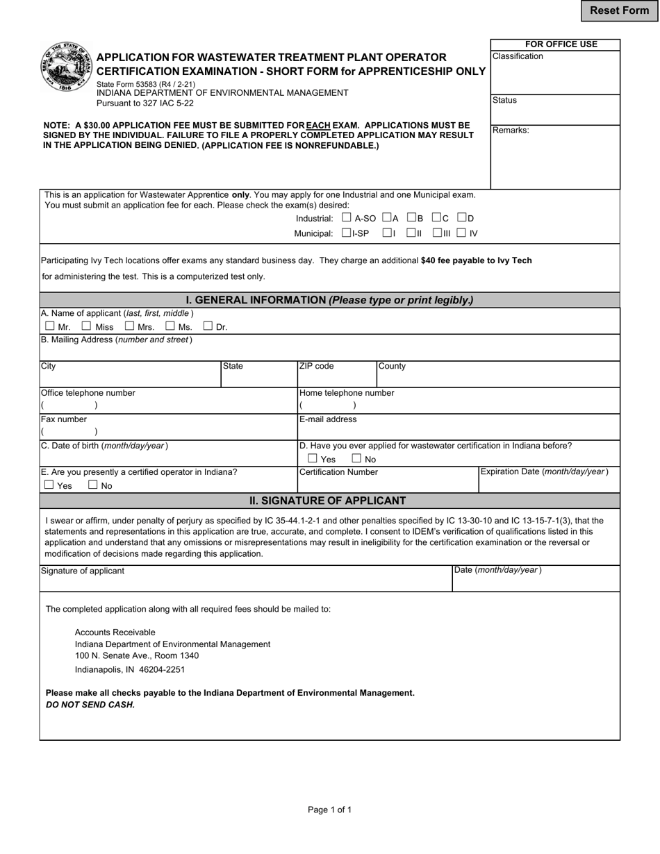State Form 53583 Application for Wastewater Treatment Plant Operator Certification Examination - Short Form for Apprenticeship Only - Indiana, Page 1