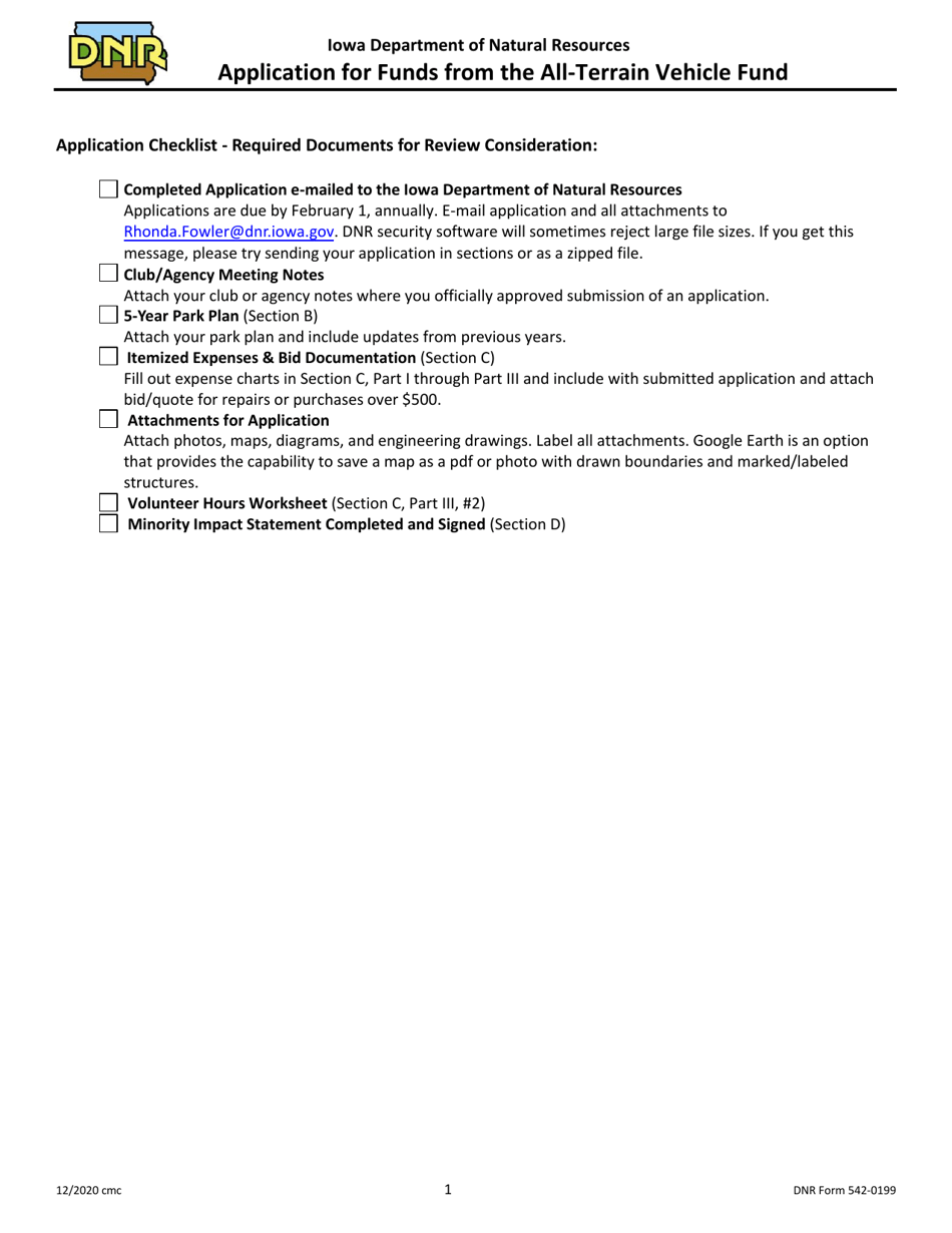DNR Form 542-0199 Application for Funds From the All-terrain Vehicle Fund - Iowa, Page 1