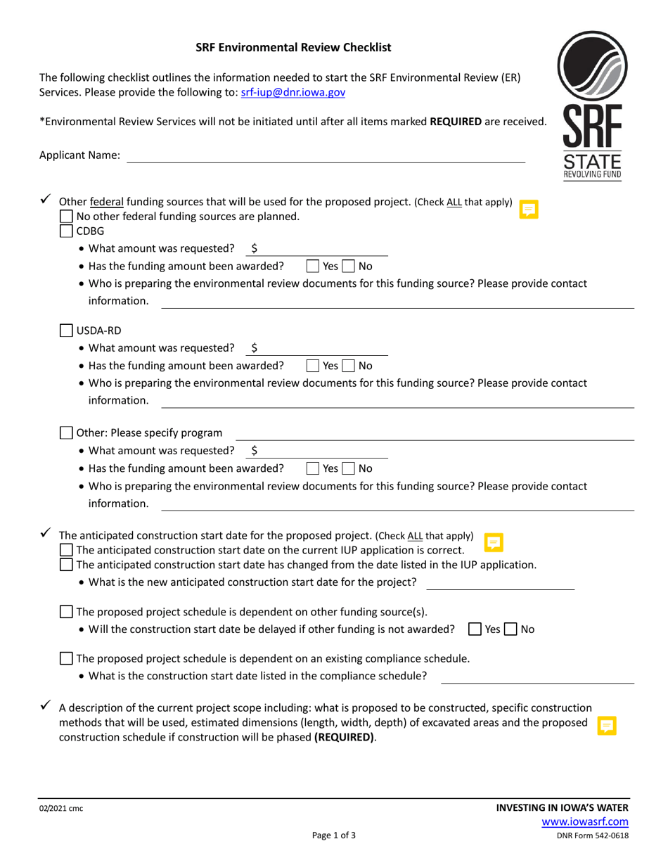 DNR Form 542-0618 Srf Environmental Review Checklist - Iowa, Page 1