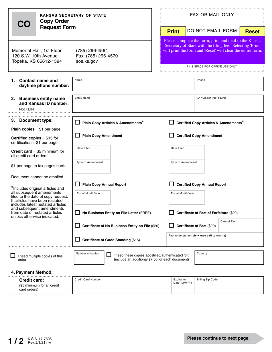 Form CO Copy Order Request Form - Kansas, Page 1