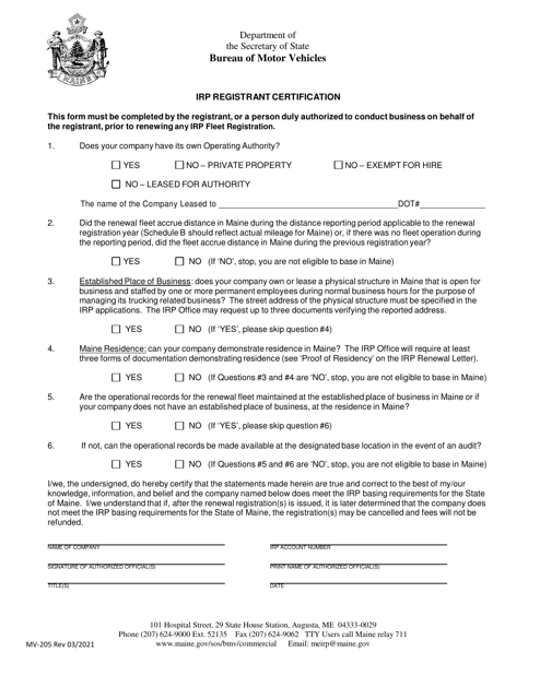 Form MV-205 Irp Registrant Certification - Maine