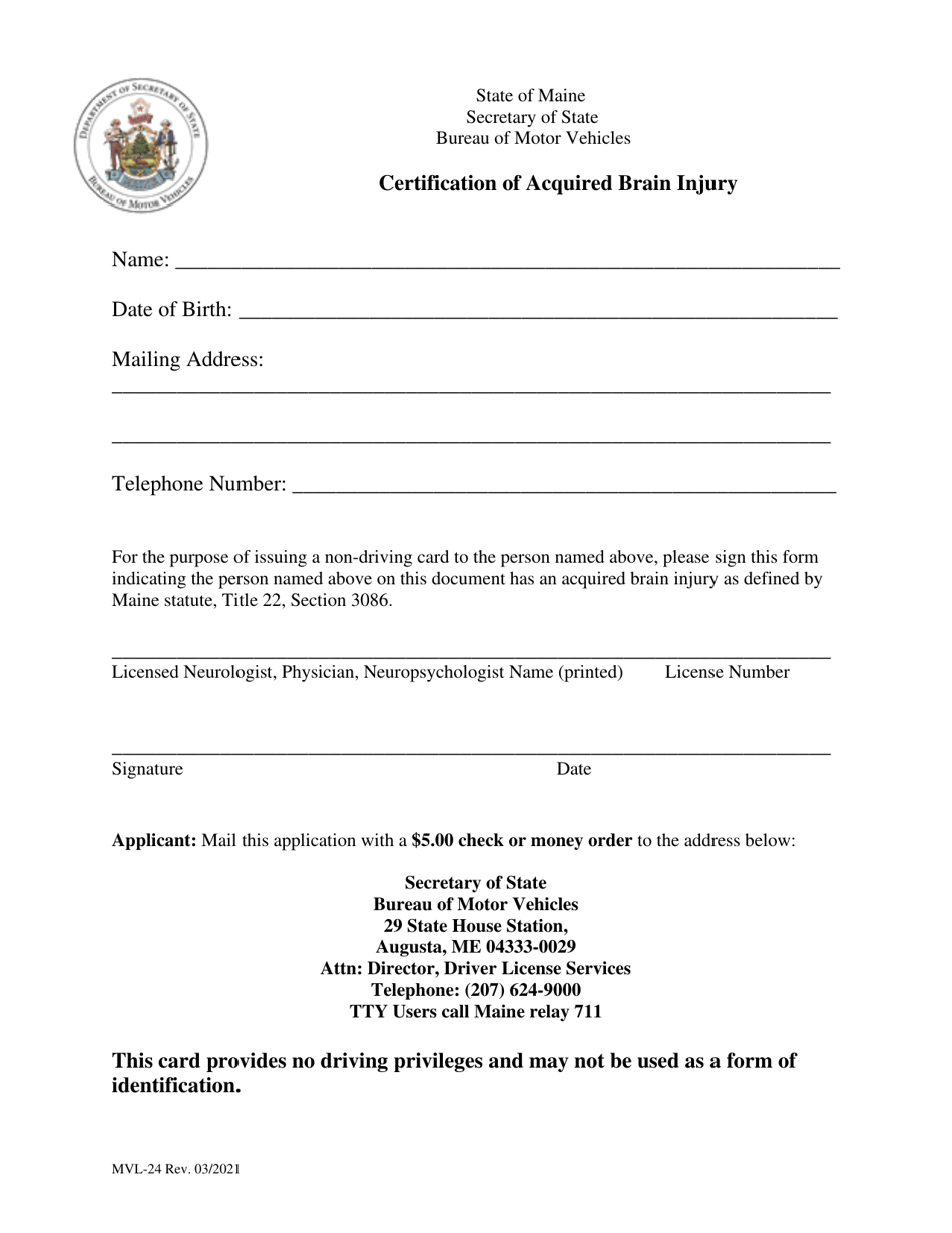 Form MVL-24 Certification of Acquired Brain Injury - Maine, Page 1