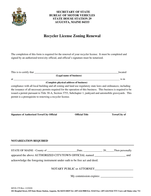 Form MVD-379 Recycler License Zoning Renewal - Maine