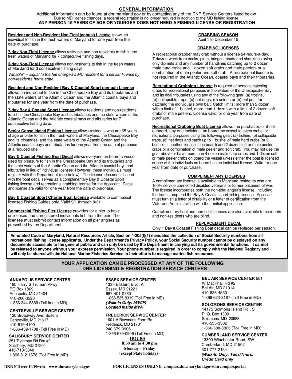 DNR Form F-3 Fishing License Application - Maryland, Page 2