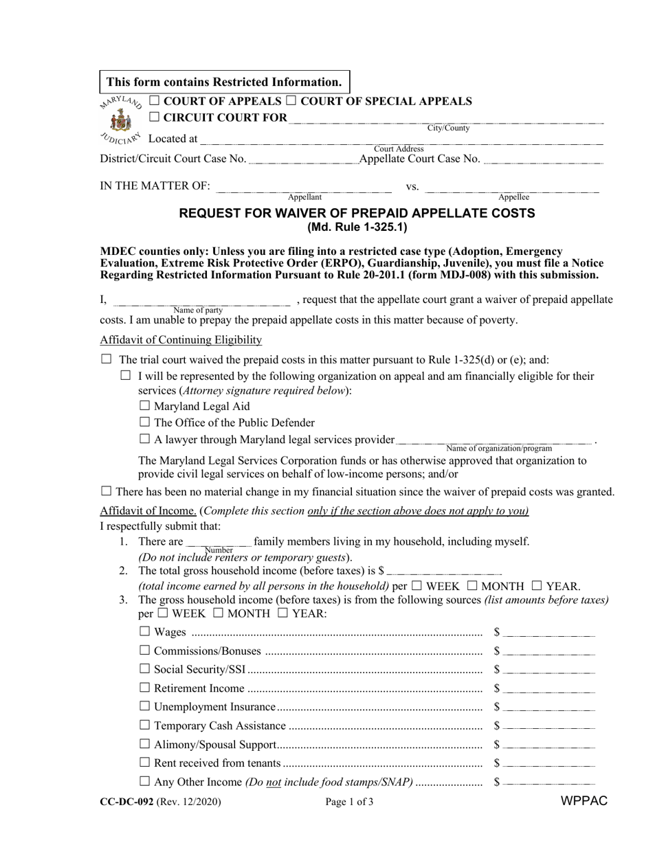 Form CC-DC-092 Request for Waiver of Prepaid Appellate Costs - Maryland, Page 1
