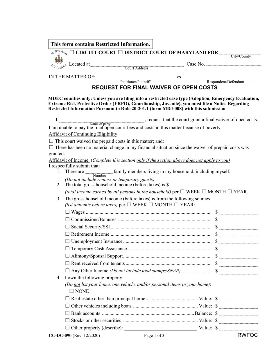 Form CC-DC-090 Request for Final Waiver of Open Costs - Maryland, Page 1